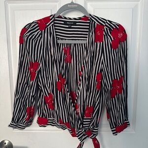 Madewell Black and White Striped Blouse with Red Floral Accents